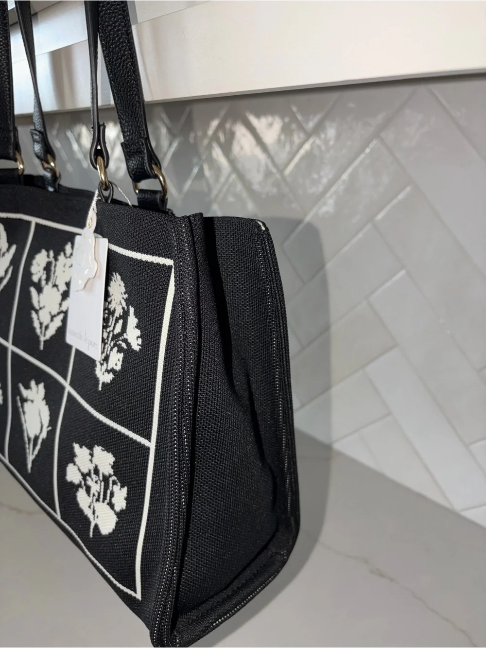 Nanette Lepore Lucia Black botanical embroidery look Tote with Gold Accents NWT